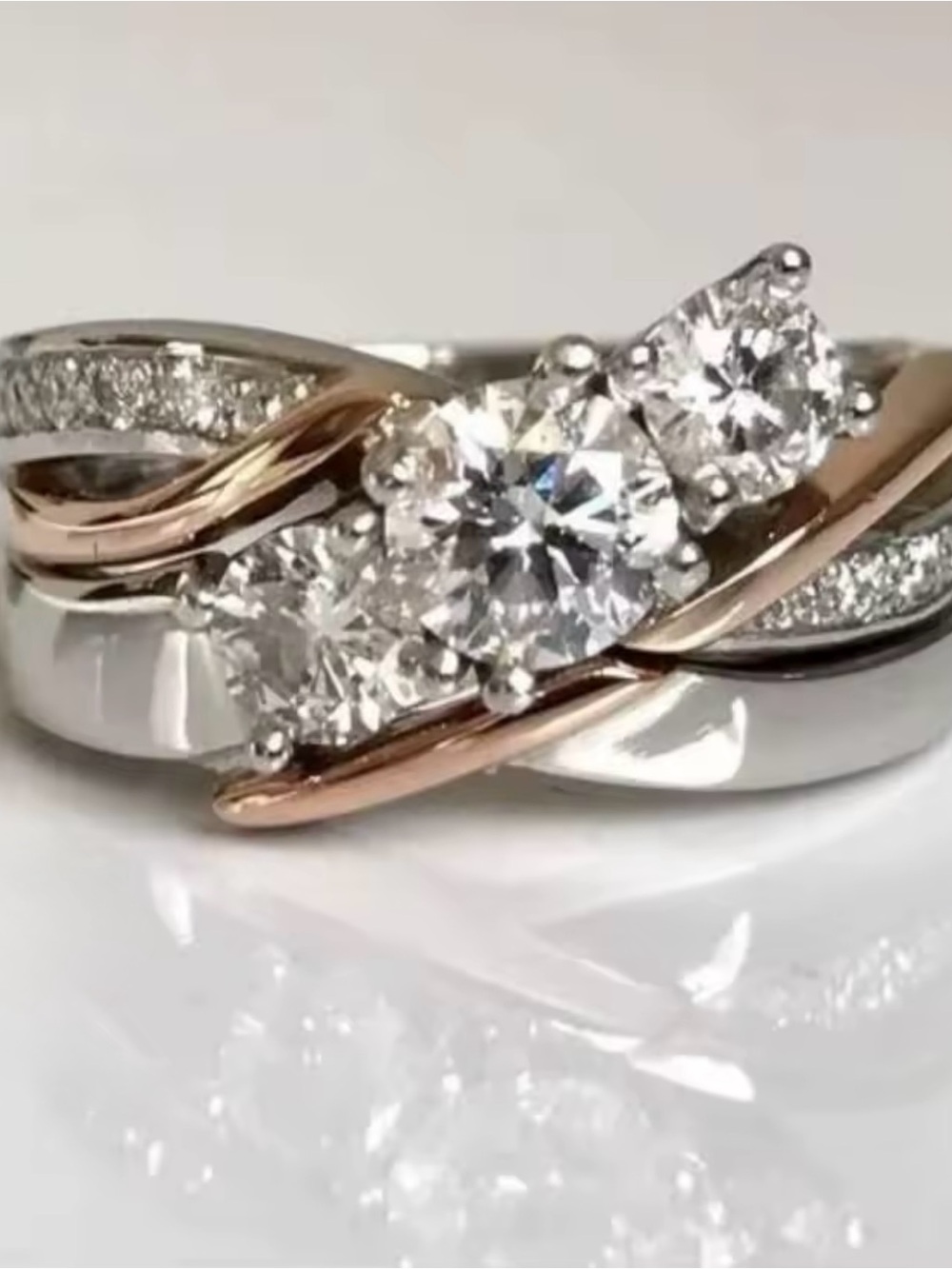 Silver & Rose Gold Two-Tone Cubic Zirconia Three-Stone Ring - Picture 3 of 8